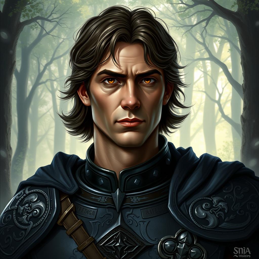A dignified and imposing portrait of a 'Knight of the Hidden Lord' in Dungeons & Dragons style, showcasing a veteran character without a helmet