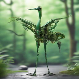 Design a green-toned vision of a crane (bird) transformed into an intricate robot, exploring the intersection of nature's elegance with advanced mechanics.