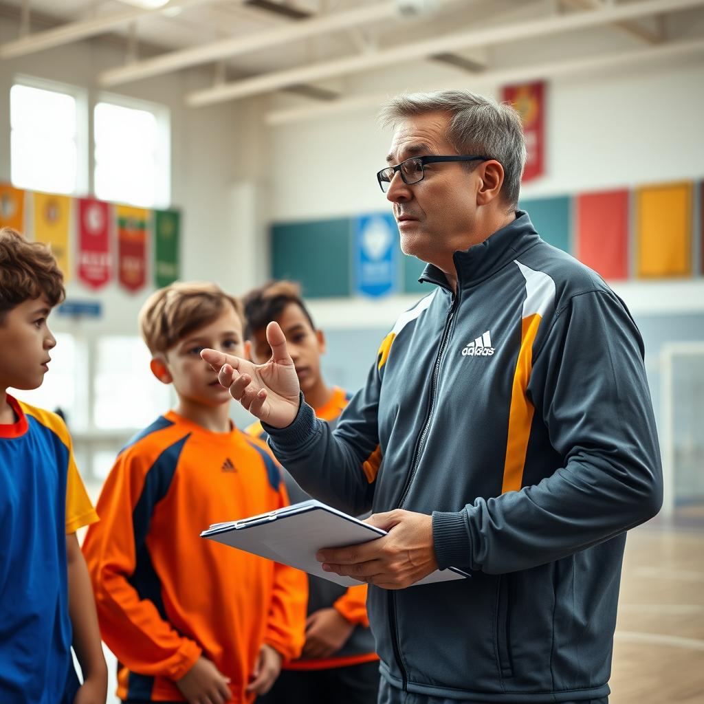 A realistic photograph capturing a dynamic moment in a sports hall