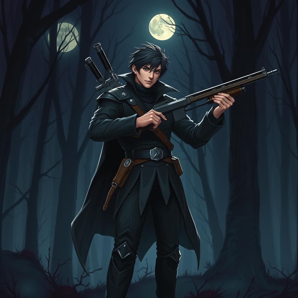 An illustration in the style of Dungeons & Dragons 5th edition featuring a male Monster Hunter Ranger, elegantly wielding stylish firearms