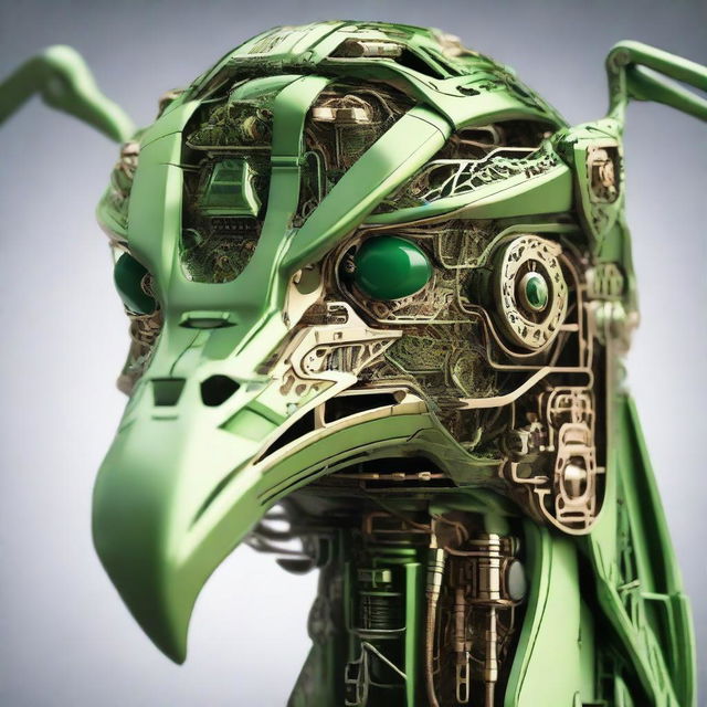 Create a closeup image of a crane's head reimagined as a green-toned robotic structure, showcasing intricate mechanical details while retaining the bird's natural elegance.