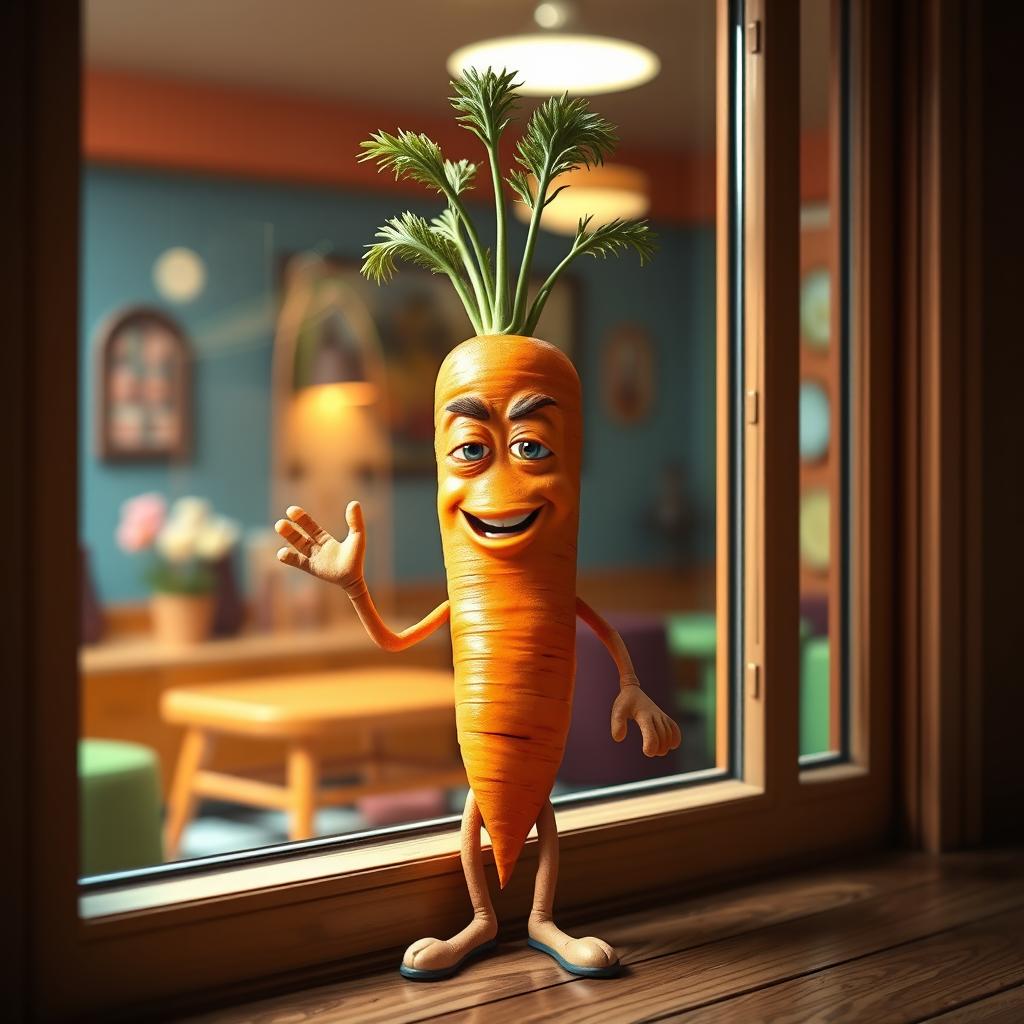 A humorous and playful scene featuring a realistic carrot character with hands and legs, standing by a window