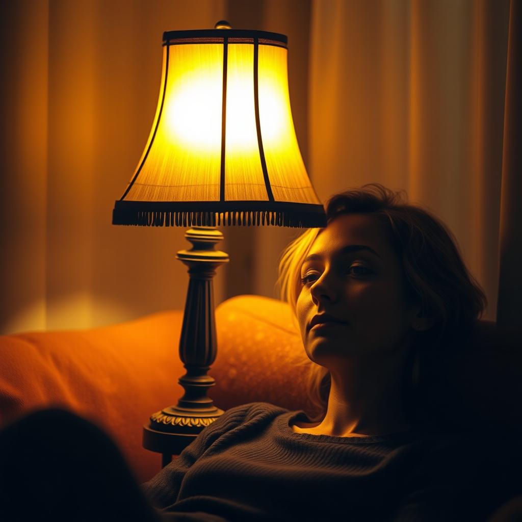 A cozy, atmospheric scene featuring a vintage lamp softly illuminating a person's head with warm, inviting light