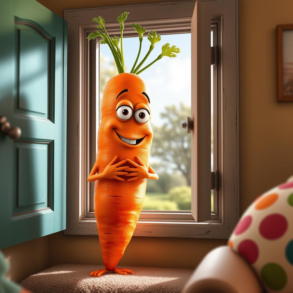 A humorous scene featuring a realistic carrot character with hands and legs, standing at a window and peeing outside