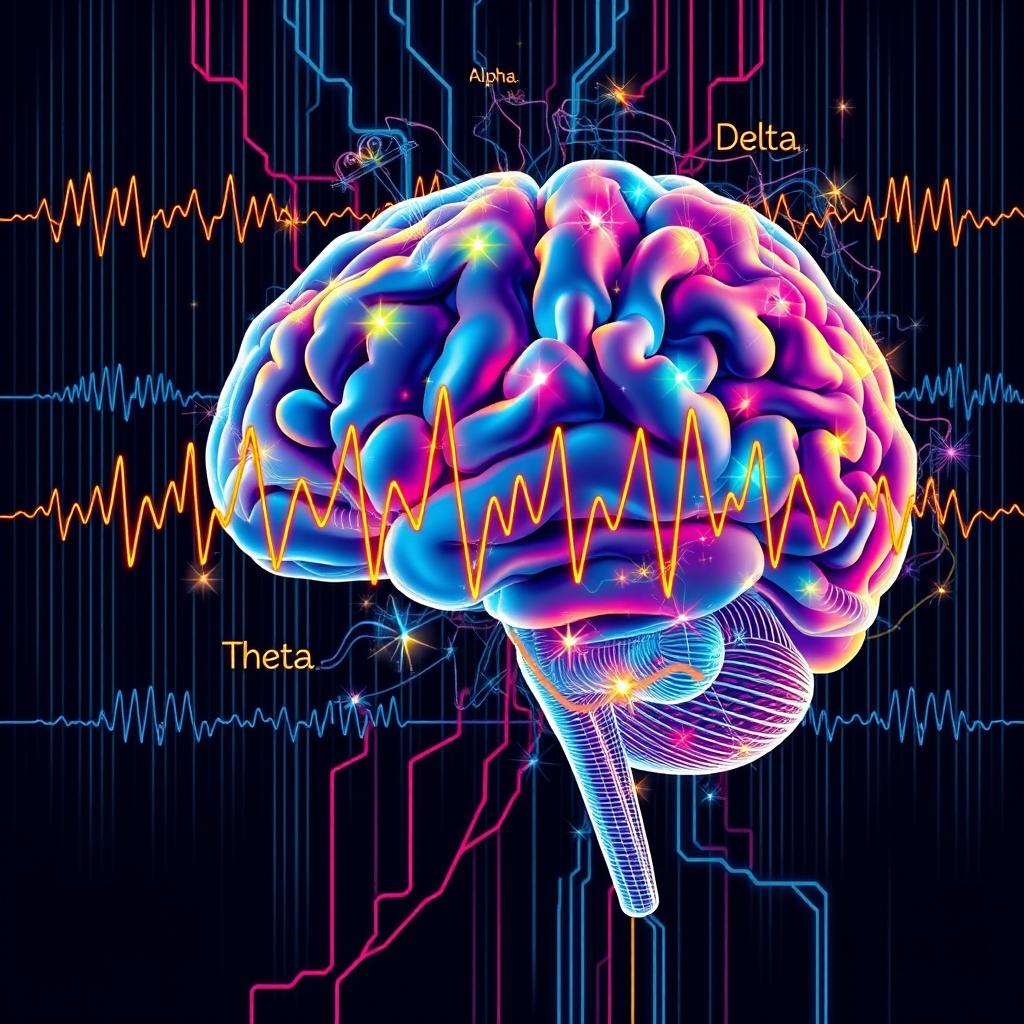 A detailed, colorful illustration of electrical activity in the brain, showcasing a variety of brainwaves as displayed on an EEG