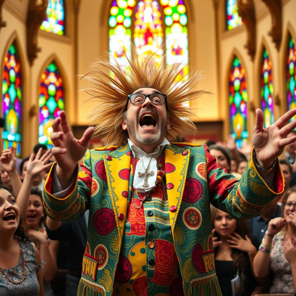 A wild and eccentric pastor with an expressive face, dressed in a colorful and flamboyant outfit, passionately preaching in a vibrant church setting