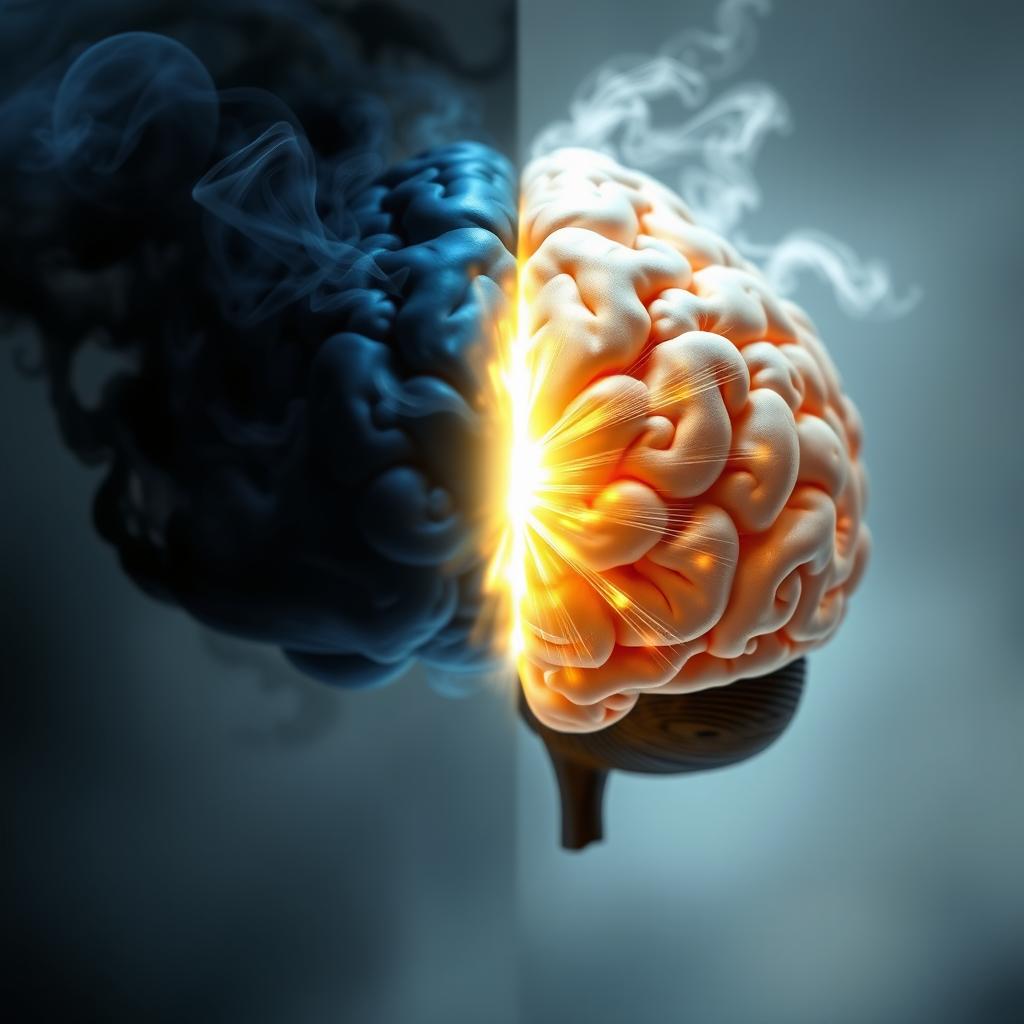 A creatively designed human brain split into two halves: the left half representing darkness, featuring deep blues and blacks, with swirling mist and shadowy textures