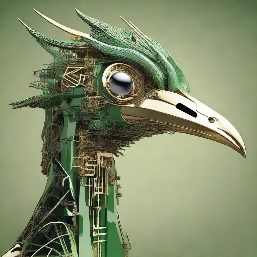 Create a closeup image of a crane's head reimagined as a green-toned robotic structure, showcasing intricate mechanical details while retaining the bird's natural elegance.