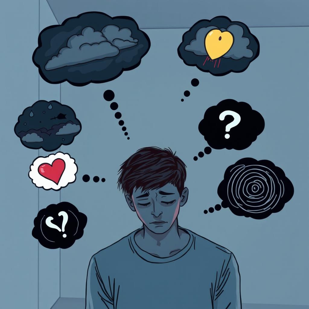A person looking down with a somber expression, surrounded by multiple thought bubbles depicting negative thoughts like clouds, shadows, and dark imagery