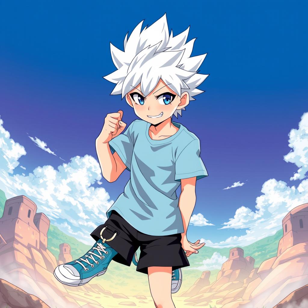 A striking illustration of Killua Zoldyck, an anime character known for his spiky white hair, piercing blue eyes, and a confident demeanor