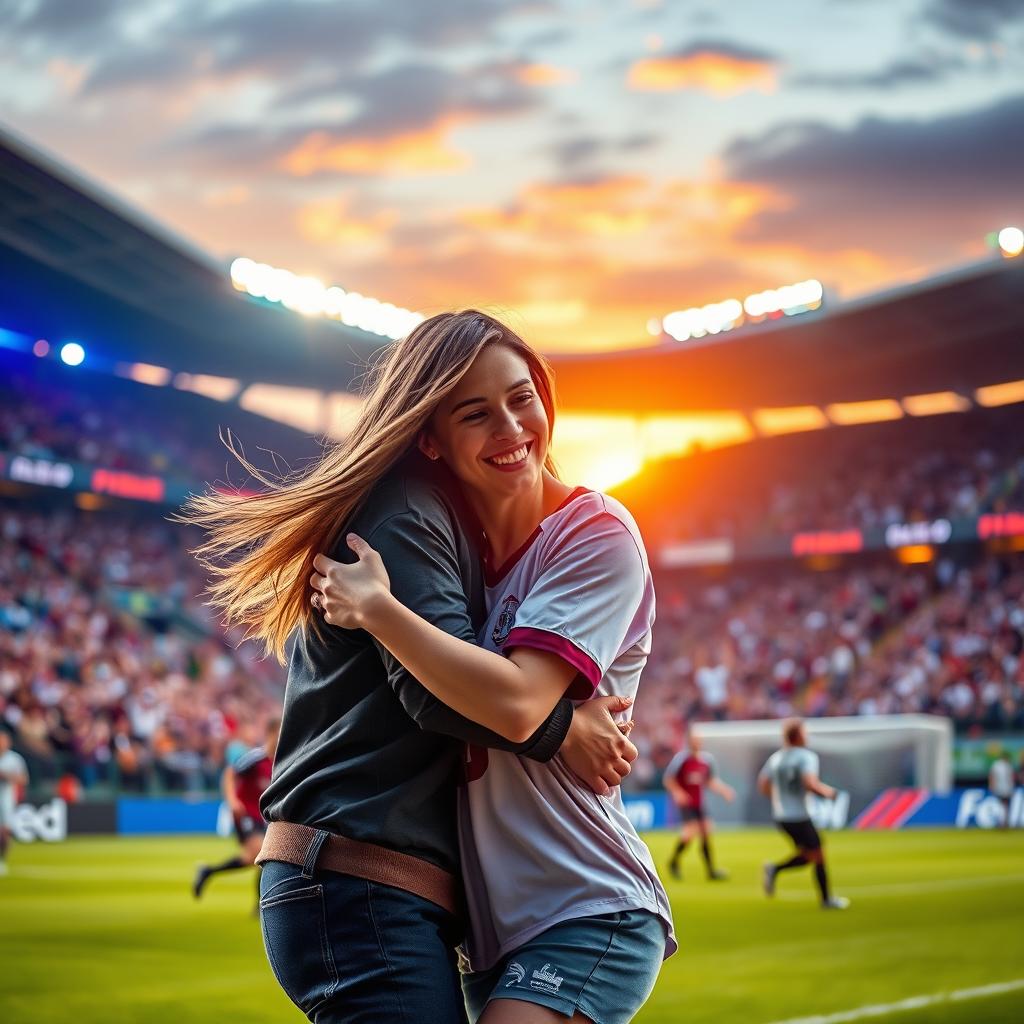 A beautiful romantic scene set in a vibrant soccer stadium during a dusk game