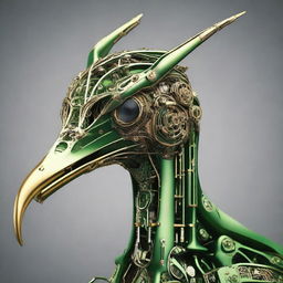 Create a closeup image of a crane's head reimagined as a green-toned robotic structure, showcasing intricate mechanical details while retaining the bird's natural elegance.