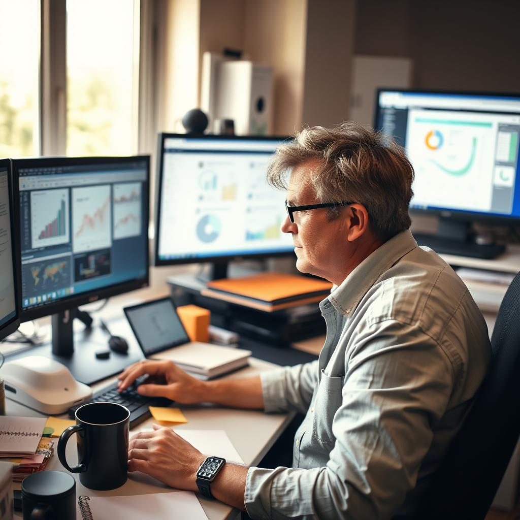 A focused person multitasking at a cluttered desk with multiple computer monitors displaying various applications