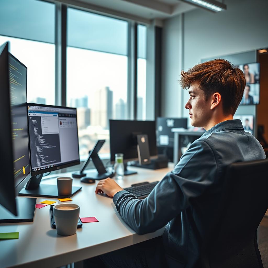 A focused individual multitasking efficiently in a modern office environment