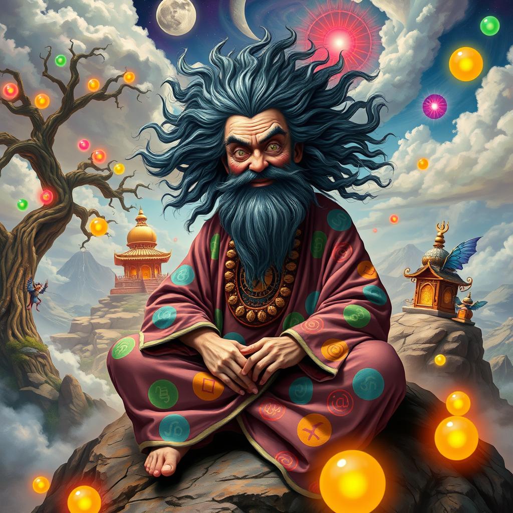 A surreal depiction of a crazy guru, with wild hair, wearing colorful, flowing robes covered in mystical symbols
