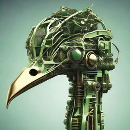 Create a closeup image of a crane's head reimagined as a green-toned robotic structure, showcasing intricate mechanical details while retaining the bird's natural elegance.