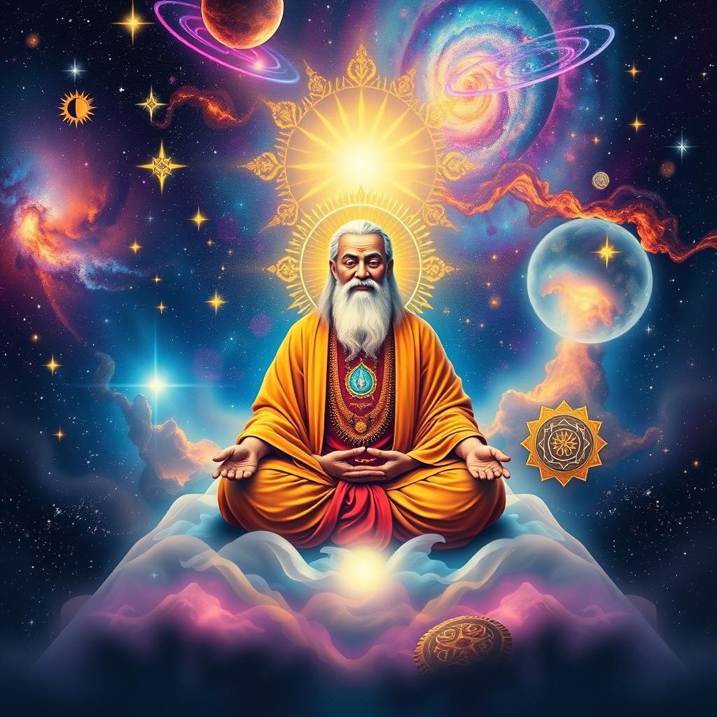 A vibrant and mystical representation of a cosmic religion, featuring a wise guru seated in a meditative pose amidst a celestial backdrop filled with stars, galaxies, and nebulae