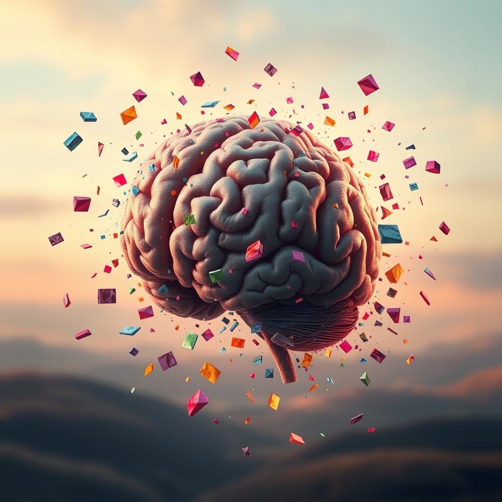 A surreal image of a brain disintegrating or scattering into colorful fragments floating in mid-air, surrounded by a soft, glowing light
