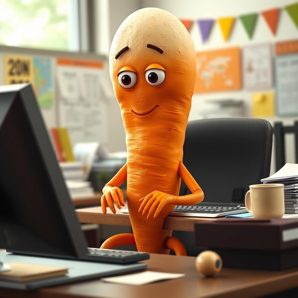 A humorous and whimsical scene featuring a realistic carrot character with hands and legs, topped with a round egg-shaped head
