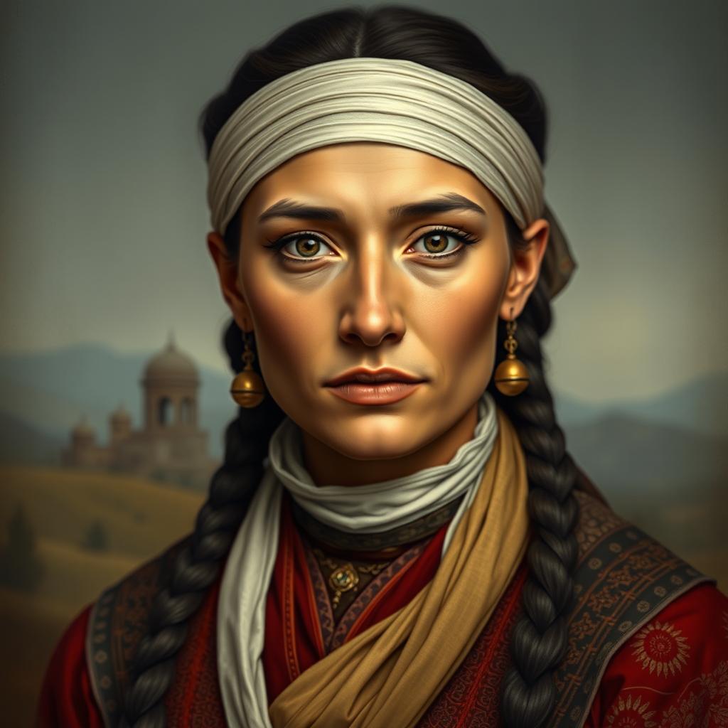 A portrait of an ancestor based on a blend of Eastern European features, Anatolian characteristics, and Central & South Asian influence