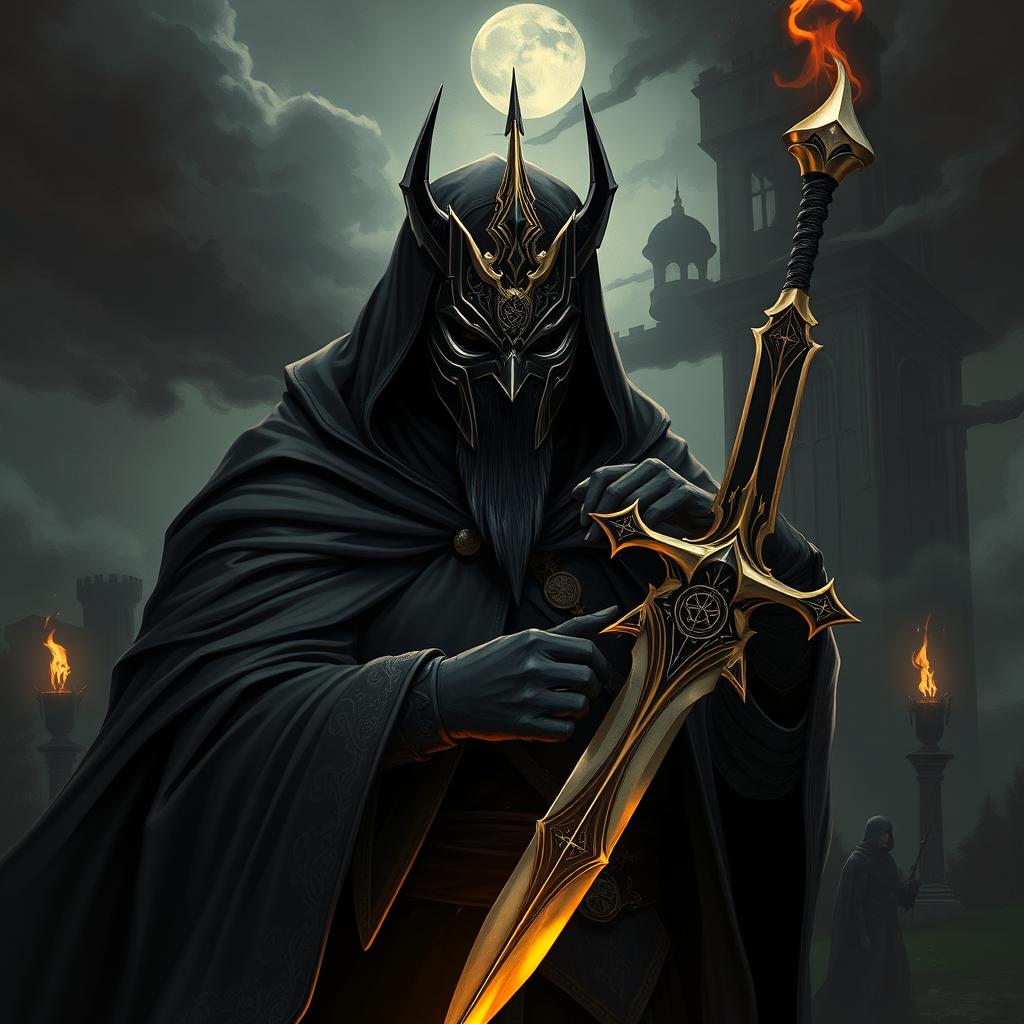 A dark, atmospheric illustration of a masked lord exuding an aura of power and danger, set in a medieval fantasy landscape