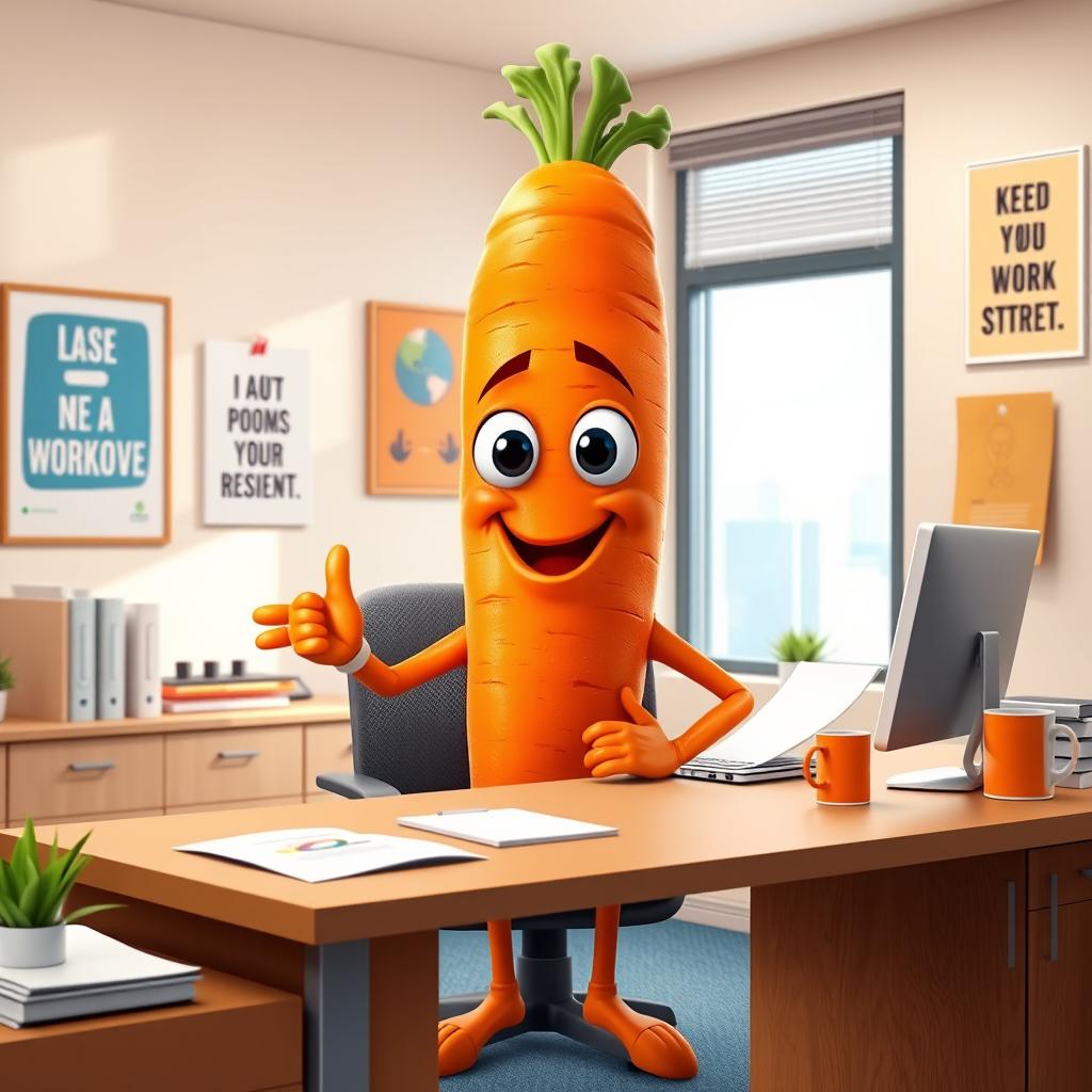 A delightful scene featuring a realistic carrot character with hands and legs, topped with a round egg-shaped head, exuding pride as it works in an office