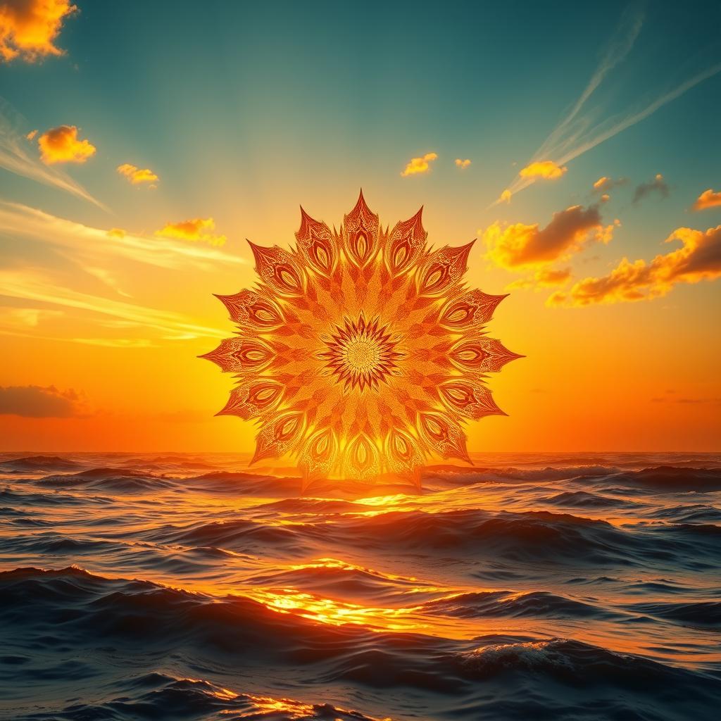 A stunning fractal design of a torus sun over a golden ocean at sunset, radiating light and energy