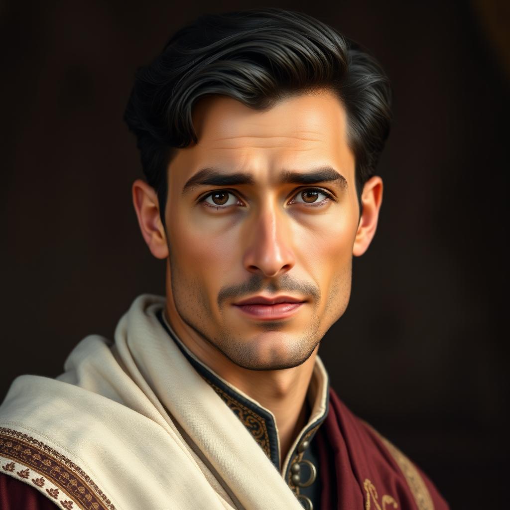 A portrait of a male ancestor inspired by Eastern European genetic heritage, with distinct features representing 39