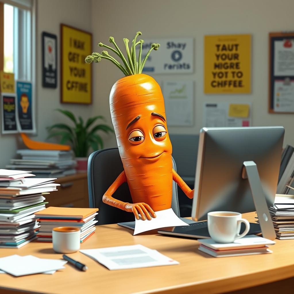 A charming and whimsical scene featuring a realistic carrot character with hands and legs, topped with a round egg-shaped head