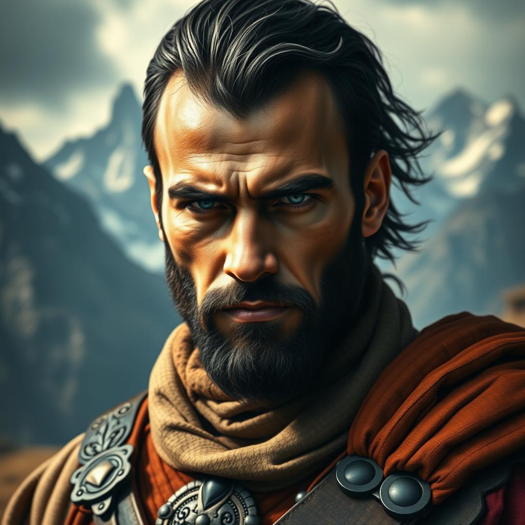 A portrait of a male warrior ancestor inspired by Eastern European genetic heritage, showcasing a blend of 39
