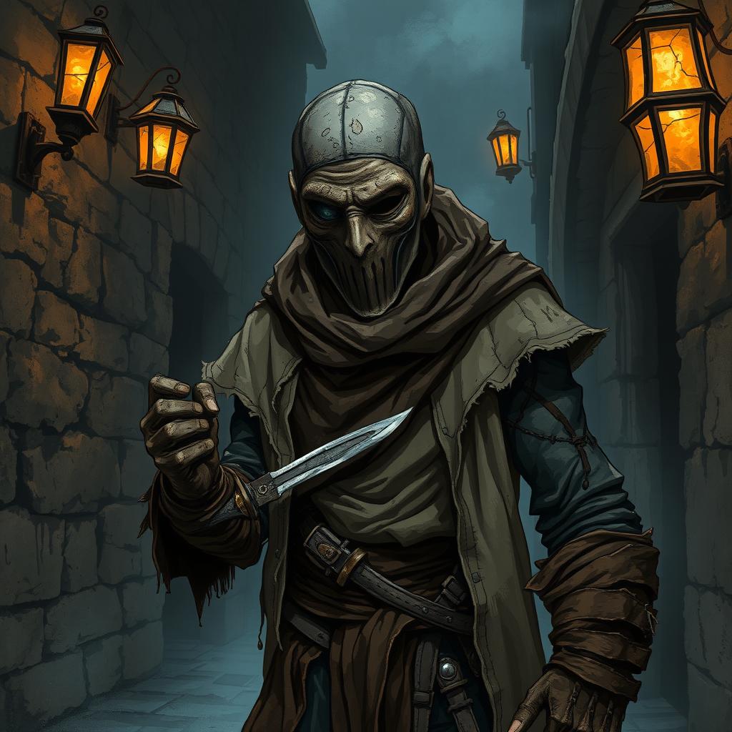 A gritty, atmospheric illustration of a half-masked slumlord in a dark fantasy setting, inspired by Dungeons and Dragons