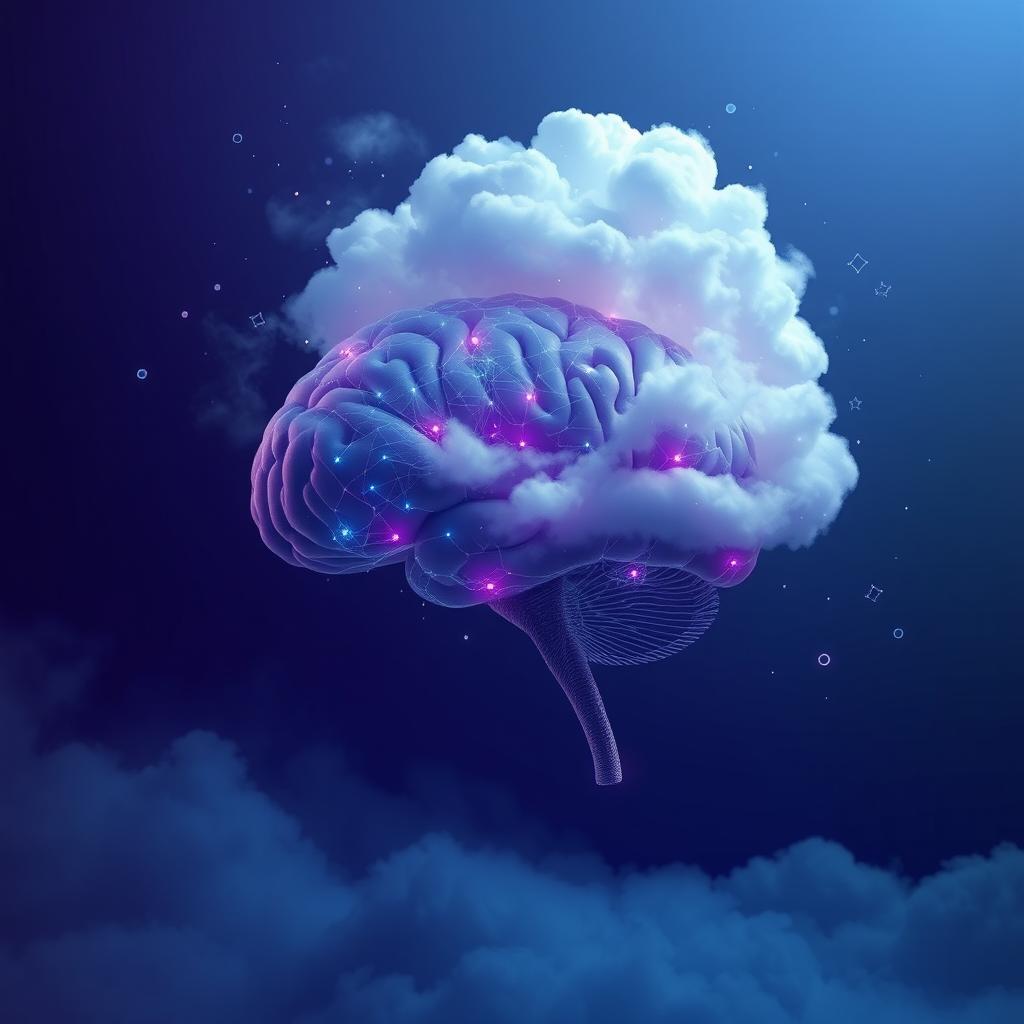 A surreal representation of a human brain intricately connected to a vast, ethereal cloud