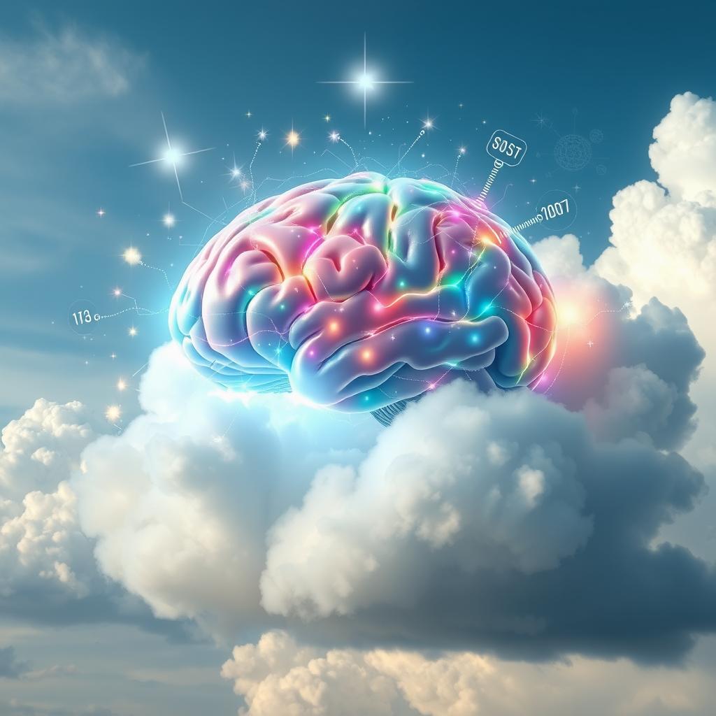 A visually stunning representation of a human brain intricately connected to a large, fluffy cloud