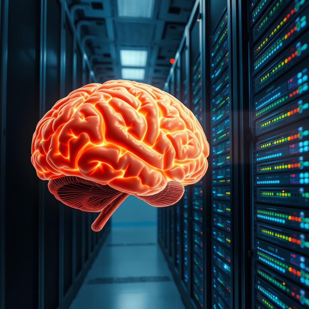 A captivating visual comparison between a human brain and large server racks