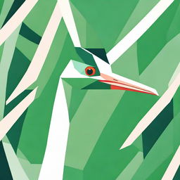 Design a close-up image of a green crane's head using abstract shapes, showcasing the bird's natural grace in a geometric style.