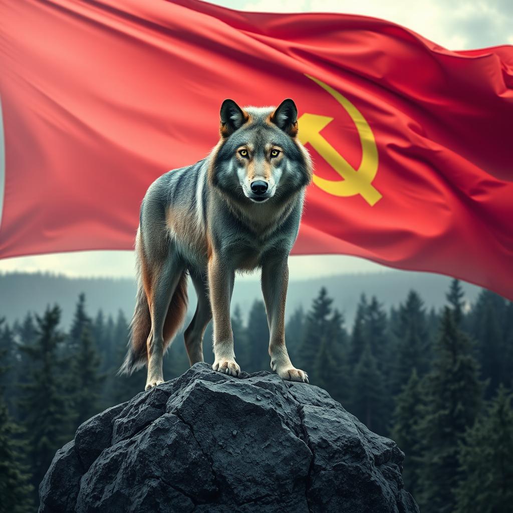 A majestic grey wolf with striking green eyes is standing on a higher rock in a lush forest