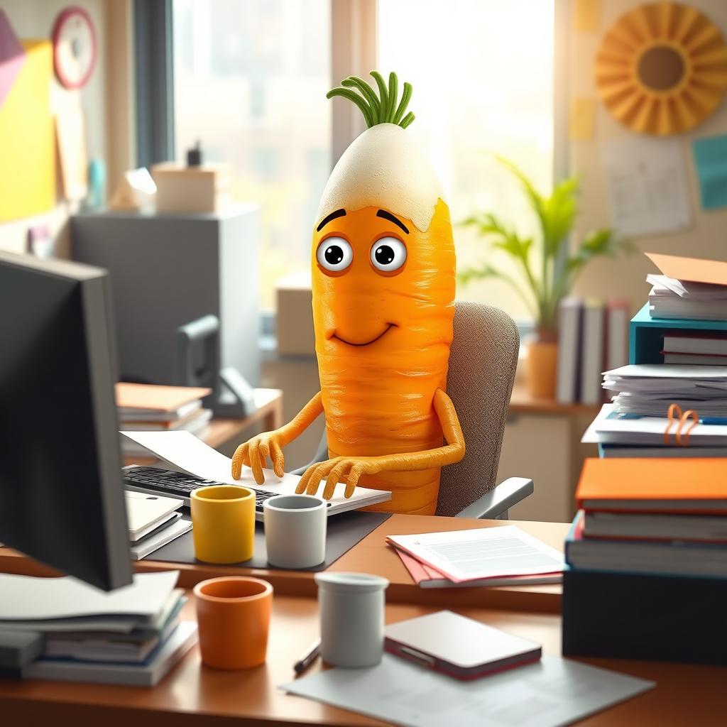A humorous and whimsical scene featuring a realistic carrot character with hands and legs, topped with a literal egg for a head, showcasing unique character design