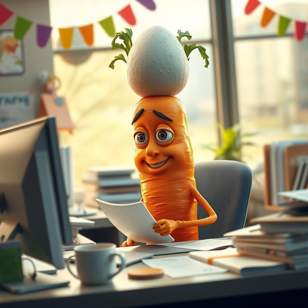 A whimsical yet realistic scene featuring a carrot character with hands and legs, topped with a literal egg-shaped head