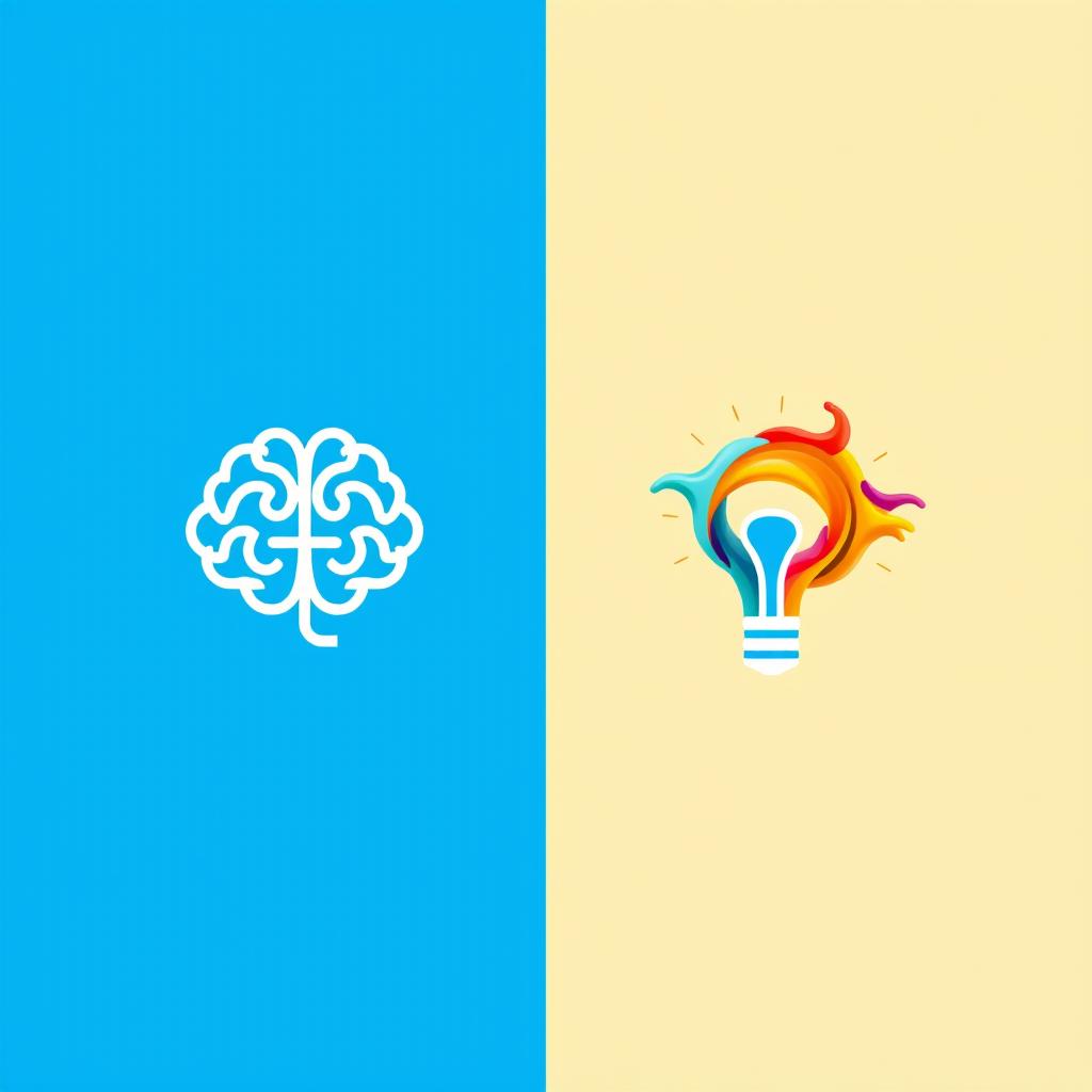 A visually striking and balanced composition depicting two icons representing logic and creativity
