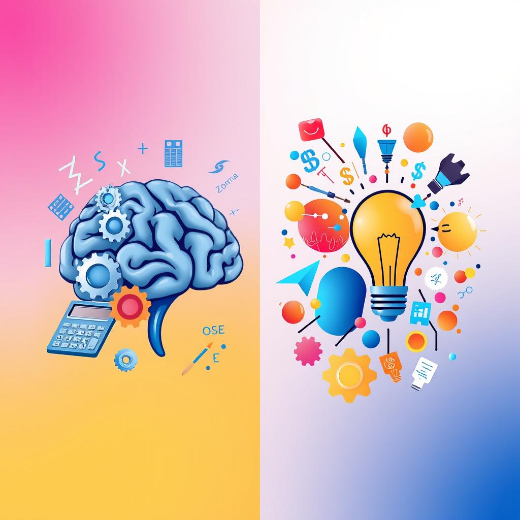 A split illustration showcasing the duality of logic and creativity