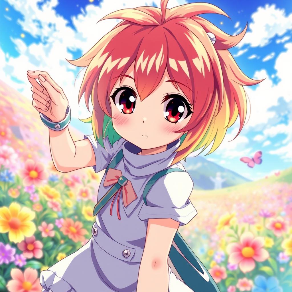 An anime-style illustration featuring a character similar to the reference picture provided, portrayed with vibrant colors and dynamic poses