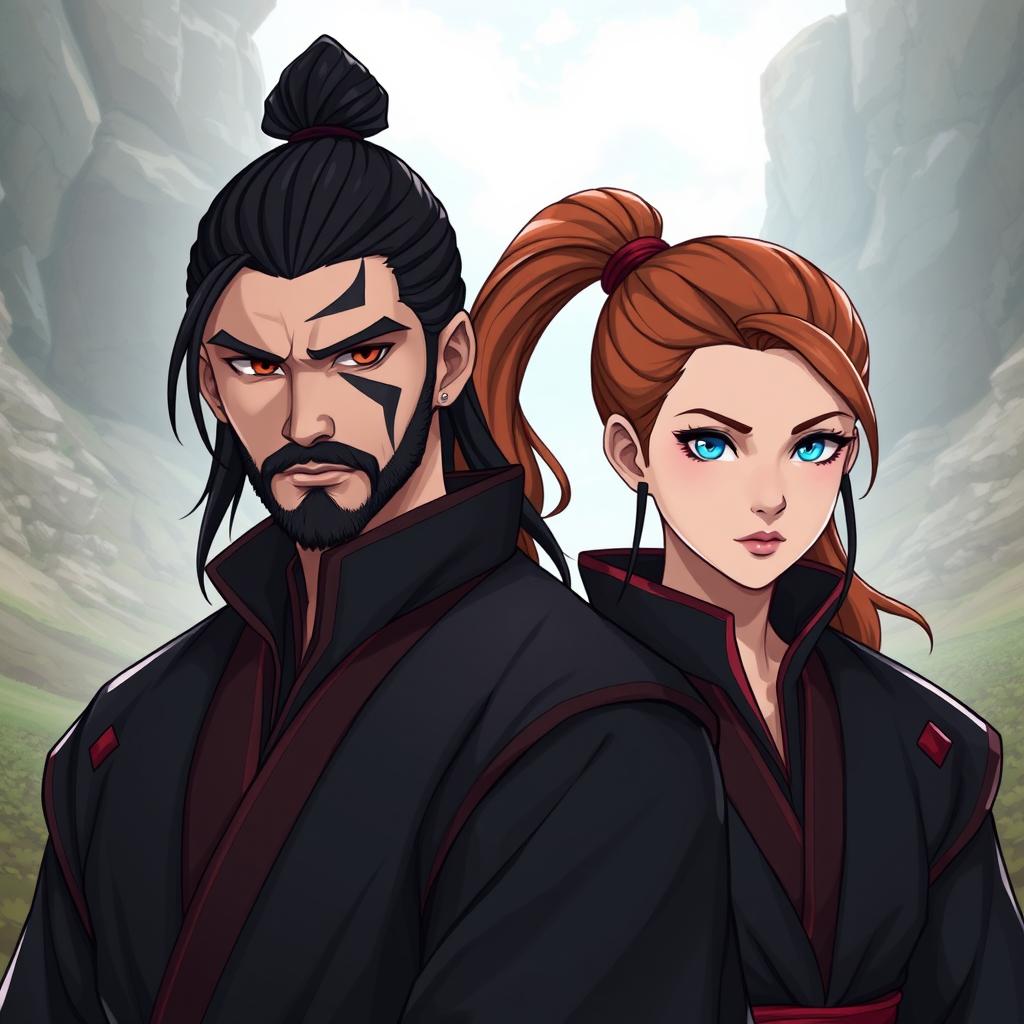 A dynamic scene featuring two characters: Marcus, a 30-year-old male with long black hair tied into a top knot, standing at 180cm tall