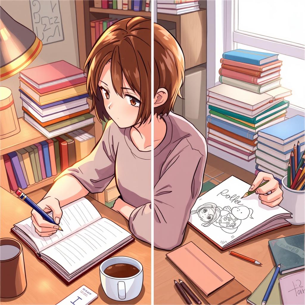 A person sitting at a desk engaging in two different activities simultaneously: on the left side, they are writing in a notebook with a focused expression, and on the right side, they are sketching on a sketchpad with a pencil, showcasing a creative and artistic side
