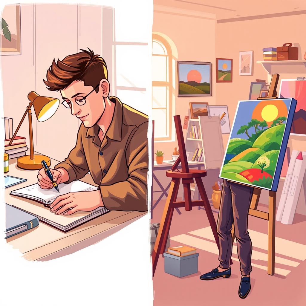 A split-scene illustration of a person engaged in two different activities