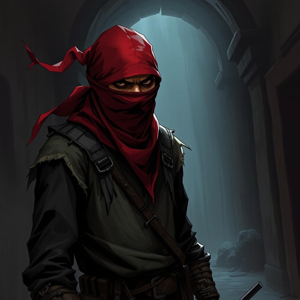 An illustration of a menacing murderer in a dark fantasy setting, wearing a dark red bandanna that obscures part of their face