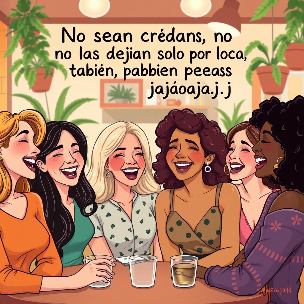 A humorous and witty illustration featuring a group of diverse women laughing together, capturing a playful, light-hearted atmosphere