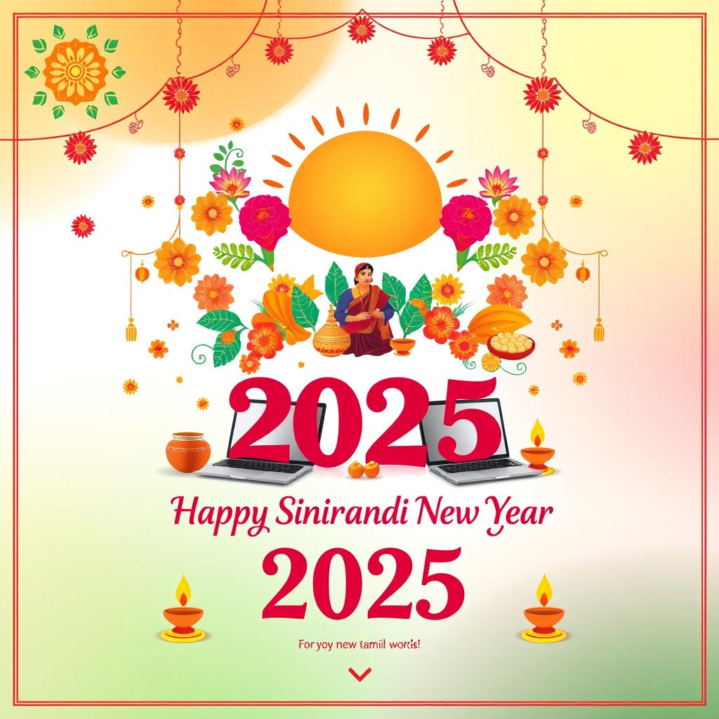 A vibrant and festive greeting card design for the 2025 Sinhala and Tamil New Year, featuring colorful traditional motifs such as decorative patterns, flowers, and the sun symbolizing new beginnings