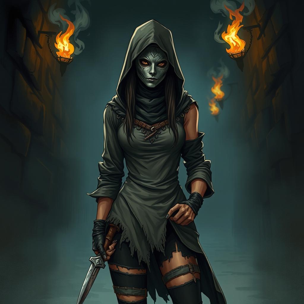 An illustration of a female murderer in a dark fantasy setting, wearing a mysterious mask that conceals her identity