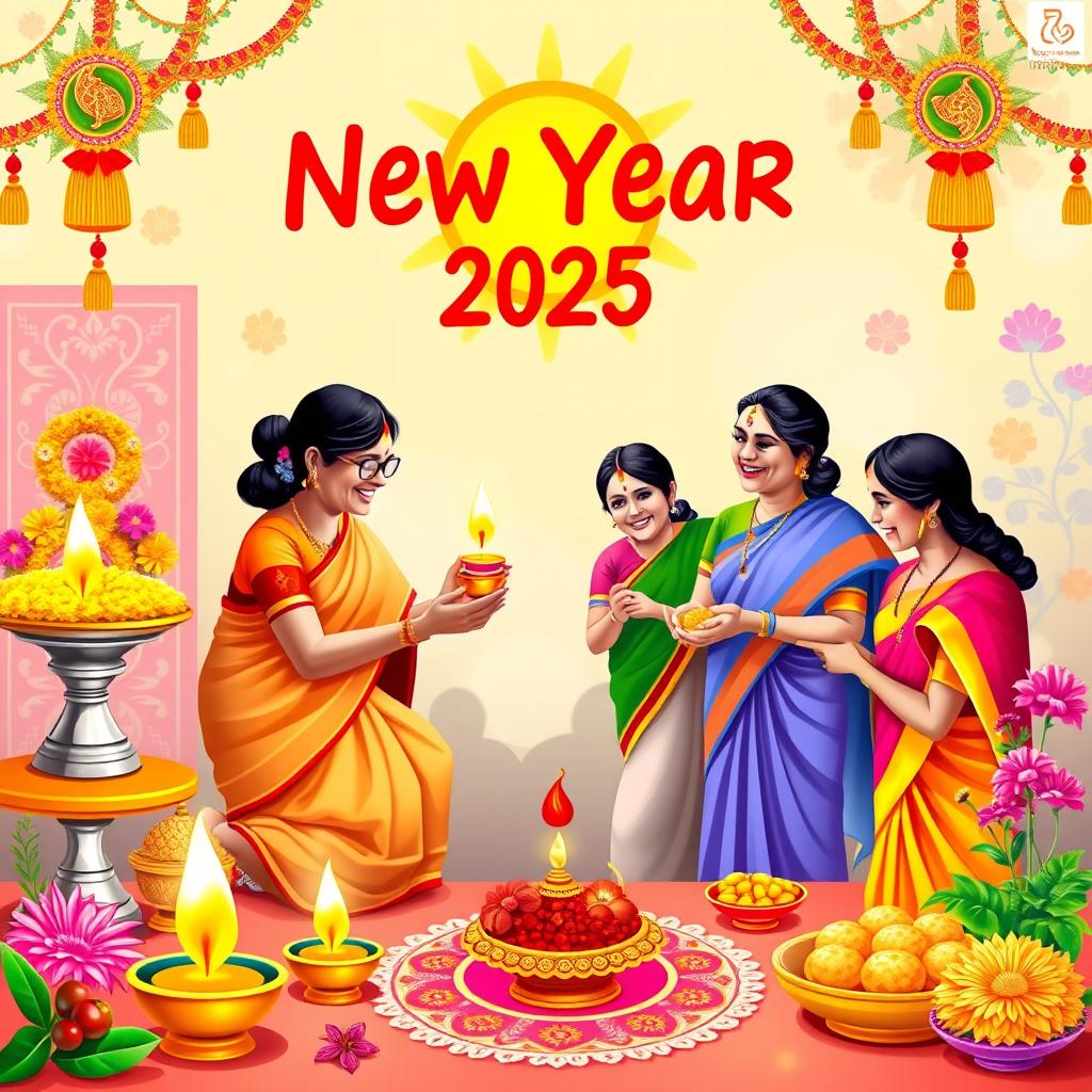 A vibrant and colorful digital artwork celebrating Sinhal and Tamil New Year 2025