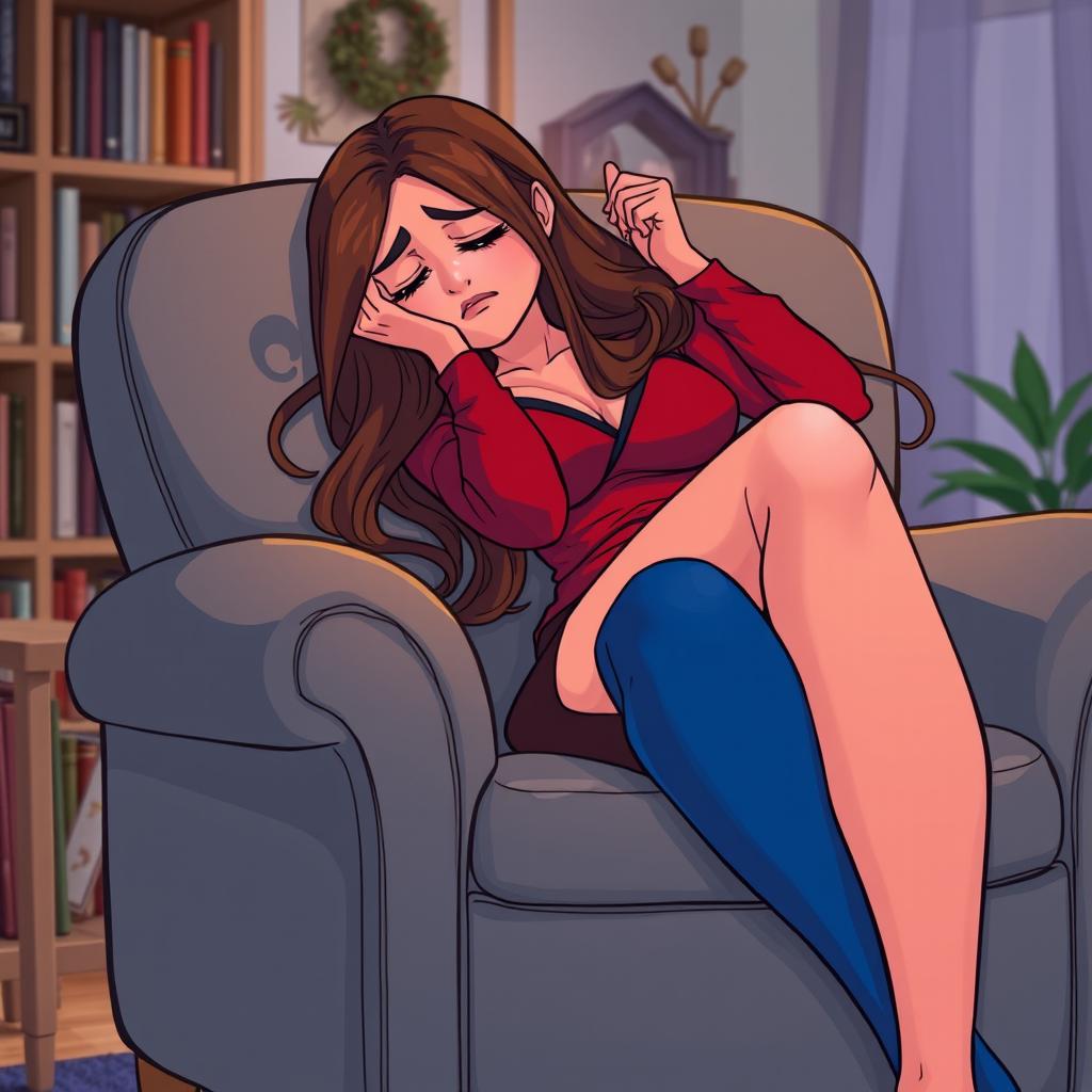 A casual yet dramatic scene depicting Ana collapsing into a chair with a look of exhaustion on her face